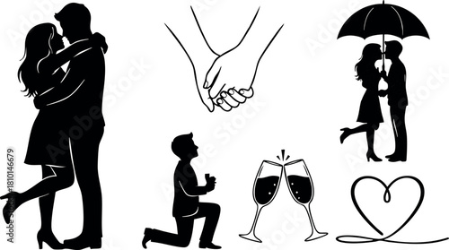 Romantic love couple holding hands kissing proposal celebration heart vector illustration