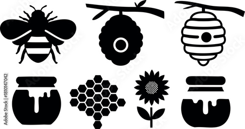Bee honeycomb sunflower jar hive insect nature vector illustration black silhouette design