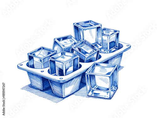 Vintage sketch of an ice cube tray with blue ink and ice cubes  