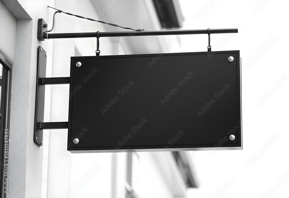 Obraz premium Blank black hanging store sign mockup template | Empty outdoor cafe or shop signage design presentation | Modern minimalist street wall mounted branding display | High-quality 3D rendered advertising 