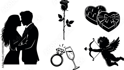 Romantic couple silhouette rose diamond ring champagne glasses heart shaped chocolates cupid with bow vector illustration