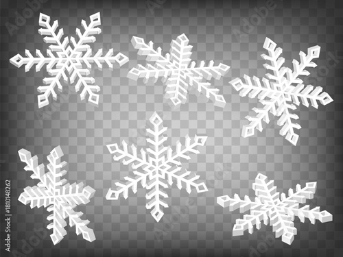 Set of perspective projections 3d Snowflake model icons on transparent background.  3d Snowflake icon illustration with different views and angles.  Abstract concept of graphic elements for your web s
