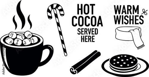 Hot cocoa cup marshmallows candy cane cinnamon stick warm wishes scarf cookie plate vector illustration