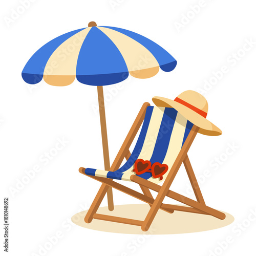 Relaxing beach chair with striped umbrella, straw hat and sunglasses in summer vector illustration