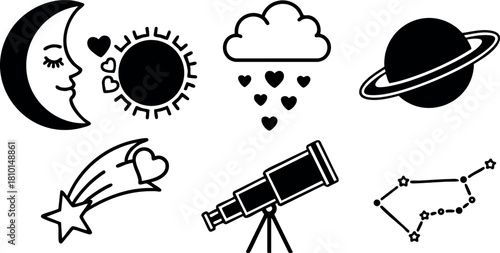 Celestial icons moon sun cloud planet star telescope constellation vector illustration
