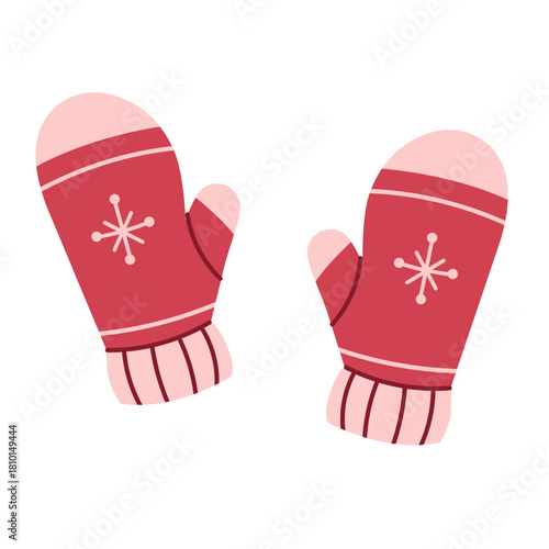 An illustration of a pair of red winter mittens. Warm knitted gloves.