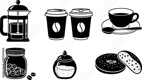 Black and white coffee set with cups french press jar sugar and donuts vector illustration