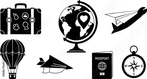 Travel icons suitcase globe paper plane hot air balloon airplane passport compass vector illustration