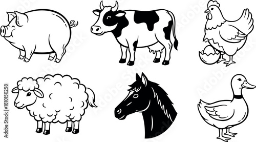 Farm animals pig cow chicken sheep horse duck vector illustration black and white simple line art