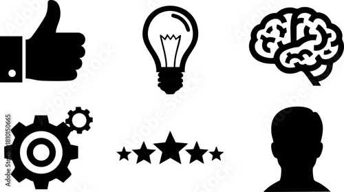 Set of black business icons including thumbs up light bulb brain gear stars and user profile silhouette vector illustration