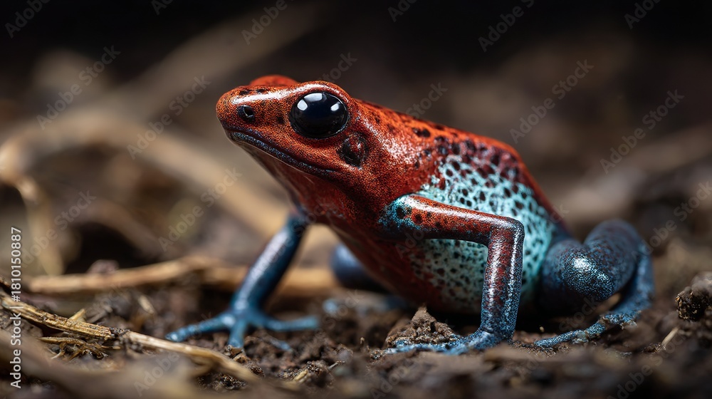 Fototapeta premium A beautiful red and blue poison dart frog rests on the forest ground. Its striking colors highlight both its allure and its potent toxicity. 