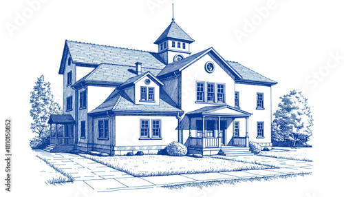 Vintage sketch of a house in blue ink on white background  