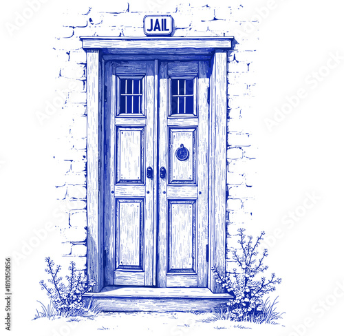 Vintage sketch of a jail cell door in blue ink on white background  