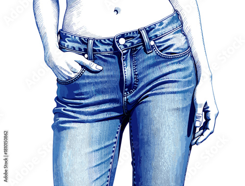Vintage sketch of a woman wearing blue jeans and holding her hand  