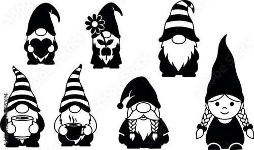 Seven black and white cartoon gnomes with hats and beards illustration vector