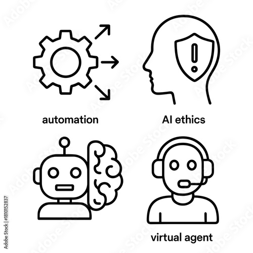 Line icon set for AI applications and governance, including automation, AI ethics, confused robot, and virtual agent, for artificial intelligence and responsible AI design.