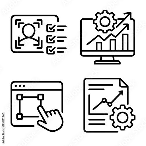 Line icon set for AI analytics and automation, including facial recognition, performance dashboard, drag and drop interface, and automated report, for artificial intelligence and business intelligence