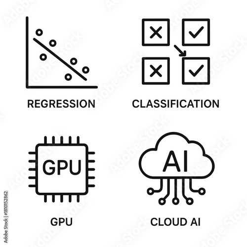 Line icon set for machine learning tasks and infrastructure, including regression, classification, GPU, and cloud AI, for artificial intelligence and data science design.