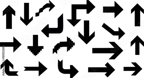 Set of black arrow icons in various directions and styles for design and navigation purposes vector illustration