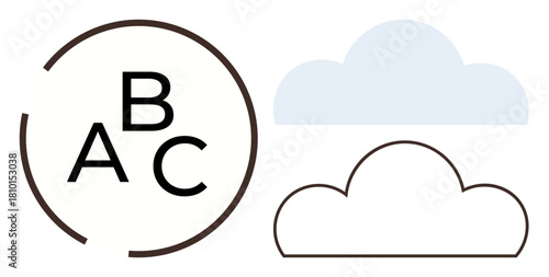 Bold letter design in circular layout combined with simplistic clouds in solid and outline styles. Ideal for education, minimalism, weather, abstraction, creativity, learning, branding. Simple flat