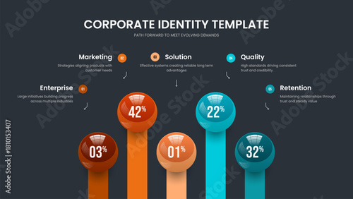 Corporate Proposal Slide Template Vector Illustration. Elegant Launch 5 Element Infographic Slideshow Layout. Financial Analysis Five Option Chart Presentation Design.