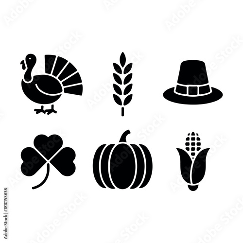Thanksgiving silhouette icons collection with turkey, corn, pilgrim hat, barn, pumpkin, and autumn harvest leaves, acorn, wheat, fall symbols, vector cartoon illustration set