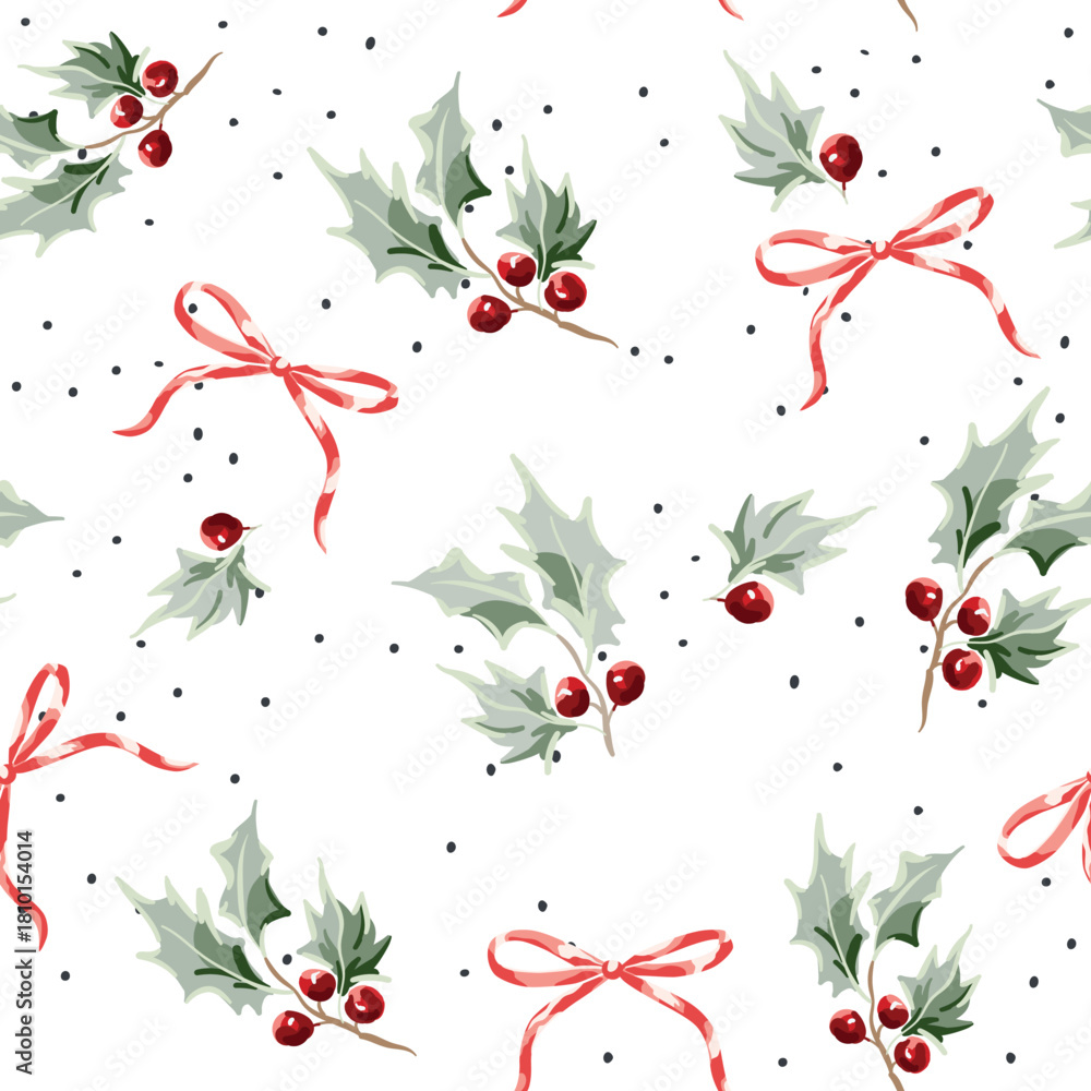 Fototapeta premium Christmas seamless pattern, holly twigs with red berries, bows, white background. Vector illustration. Nature design. Season greeting. Winter holidays