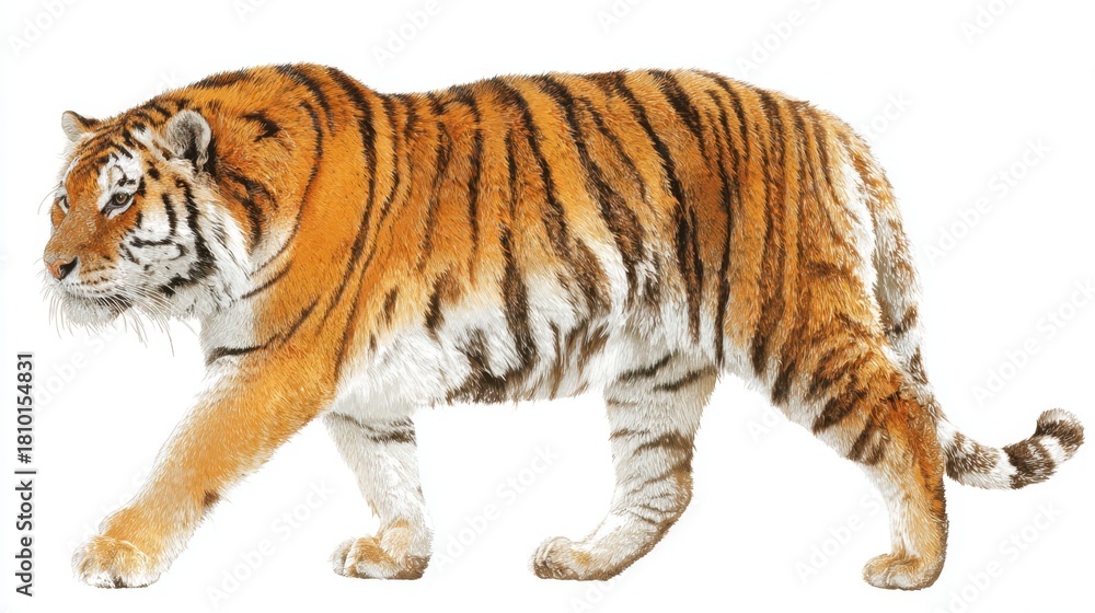 Obraz premium An elegant tiger strides gracefully through dense green vegetation showcasing its vibrant orange fur and black stripes.
