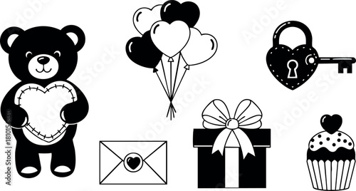 Teddy bear holding heart with love balloons envelope gift box cupcake vector illustration