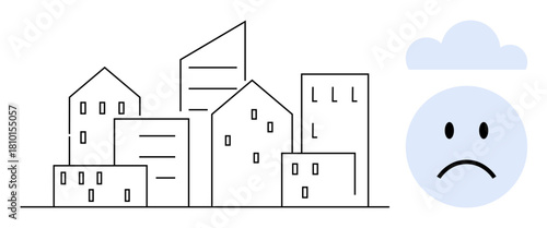 Urban stress. A cityscape paired with a sad face under a cloud, urban stress and environmental impact. Urban stress affects mental health and community well-being. For urban planning, ecology, health