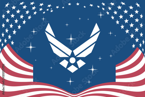 US Air Force Military Logo Design on Blue Field Framed by American Flag Waves and Stars, Representing Patriotic National Service Celebration