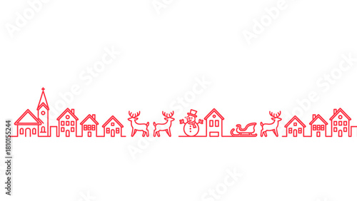 Christmas Village Line Art Vector Border Design with Houses, Church, Snowman, Reindeer, and Sleigh for Holiday Greeting Card Background