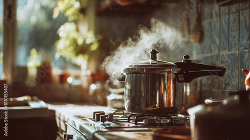 Steam escapes from a pressure cooker on a stove in a cozy kitchen, creating a warm and inviting atmosphere with sunlight streaming in
