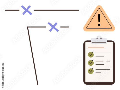 Cross marks indicating errors, warning sign for caution, and checklist with tasks. Ideal for quality control, task management, error handling, productivity, planning, assessment simple flat metaphor