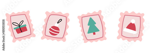 A set of four postal stamps with Christmas print. Cute winter framed elements.