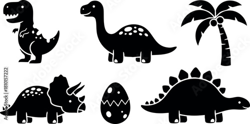 Dinosaur silhouettes with palm tree and egg vector illustration black shapes prehistoric animals