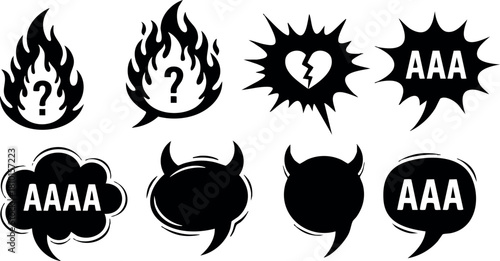 Fire and devil speech bubbles with broken heart and exclamation marks vector illustration