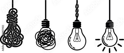 Set of four light bulbs in different states from tangled wire to glowing bulb vector illustration