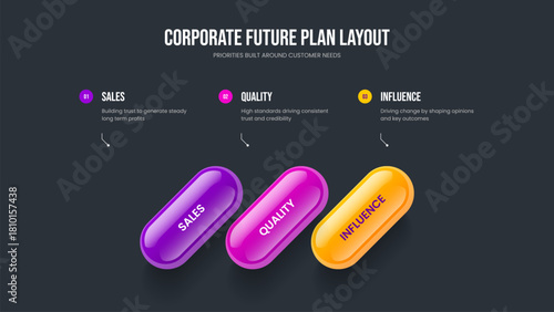 Consulting Launch Frame Layout Vector Illustration. Advertising Planning 3 Element Infographic Presentation Design. Marketing Development Three Step Diagram Slideshow Template.