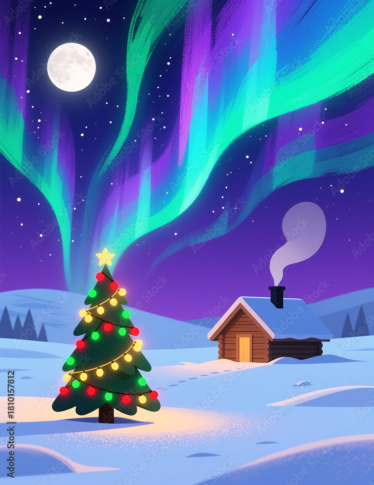 Naklejka premium Christmas Tree Shines Under Northern Lights