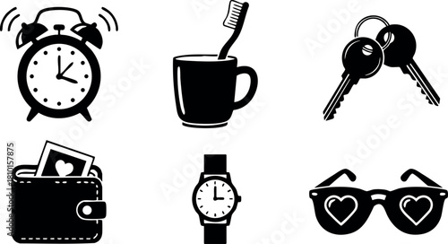 Alarm clock toothbrush cup keys wallet watch sunglasses vector icons set for daily essentials and personal items
