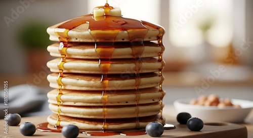 Tall stack of golden pancakes drizzled with syrup and berries
