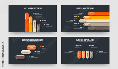 Modern Strategy Four Five Three Step Diagram Frame Design Vector Illustration Bundle. Visual Solution 4 5 3 Element Infographic Slide Template Collection.