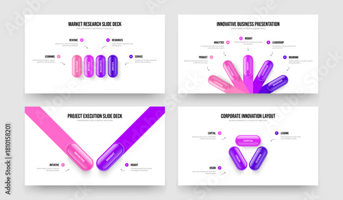 Corporate Performance Four Five Two Three Element Diagram Slideshow Template Vector Illustration Collection. Financial Strategy 4 5 2 3 Option Infographic Slide Design Set.
