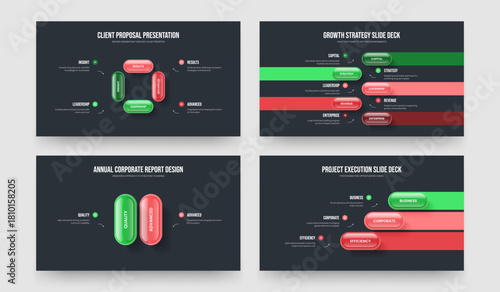 Professional Portfolio 4 5 2 3 Option Diagram Presentation Template Set. Corporate Forecast Four Five Two Three Element Infographic Slideshow Layout Vector Illustration Collection.