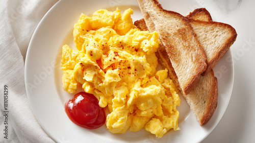Overhead shot of scrambled eggs with toast and ketchup on a white plate, creating a delicious and comforting breakfast scene isolated on white background