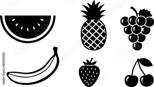 Black simple fruit icons banana pineapple grape strawberry cherry watermelon vector illustration