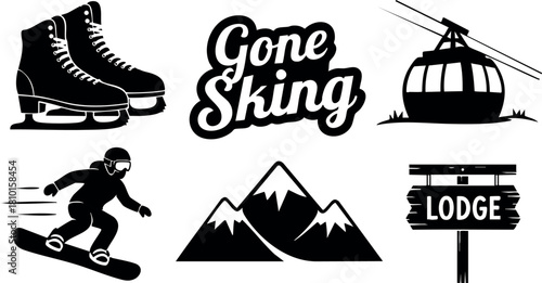 Skiing winter sport mountain lodge ice skates snowboard cable car vector illustration