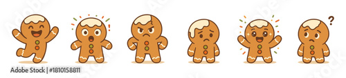 Gingerbread Men with Various Expressions in a Row on a White Background