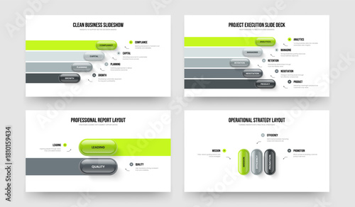 Project Innovation 4 5 2 3 Step Diagram Slideshow Template Bundle. Enterprise Campaign Four Five Two Three Element Infographic Slide Layout Vector Illustration Set.